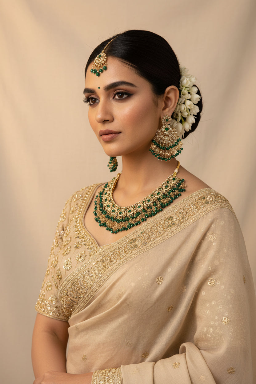 Gold and green pink polki set