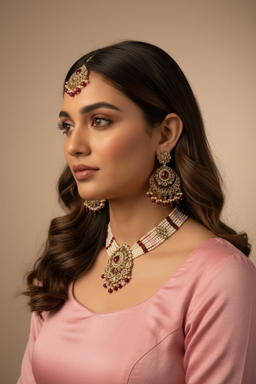 Pink and red polki set