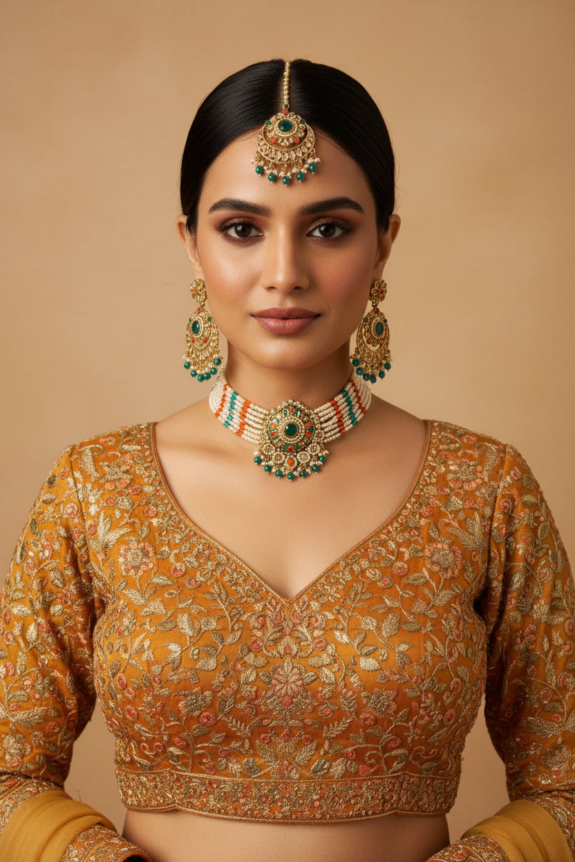 Orange and green polki set
