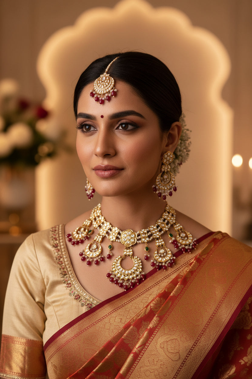 Red thappa kundan set