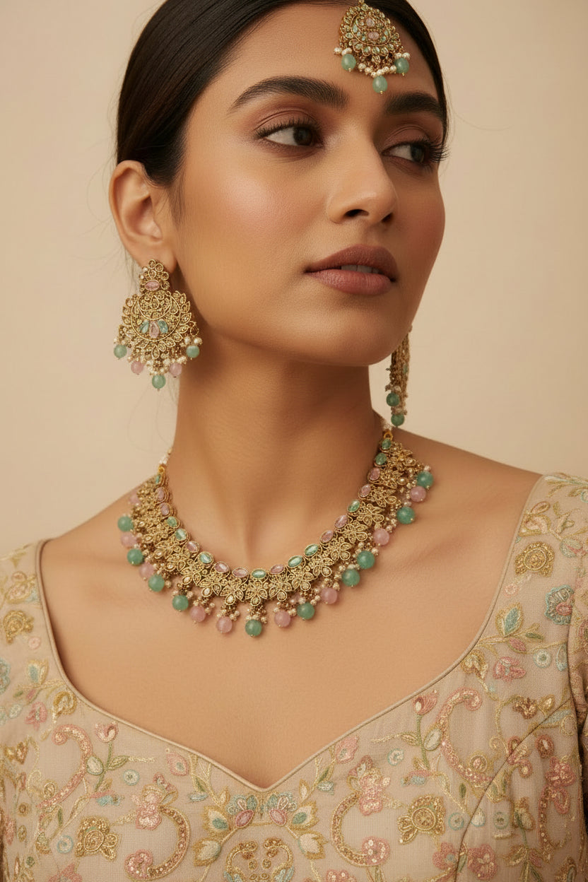 Mint and baby pink neckline