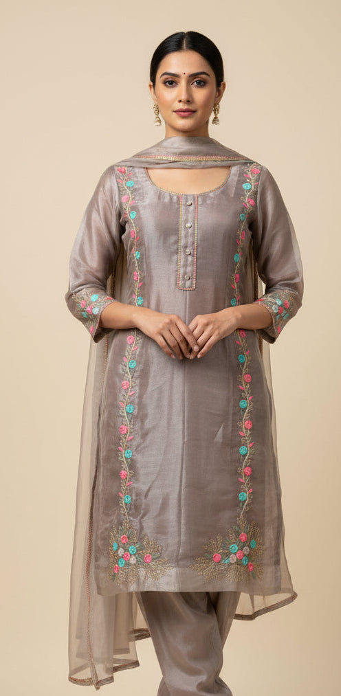 Beautiful shimmer silk suit with farshi salwar