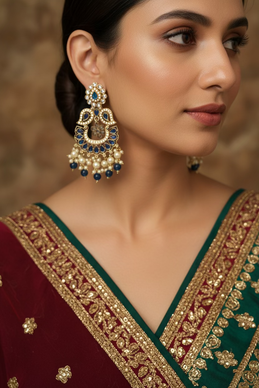 Dark ocean blue polki earrings