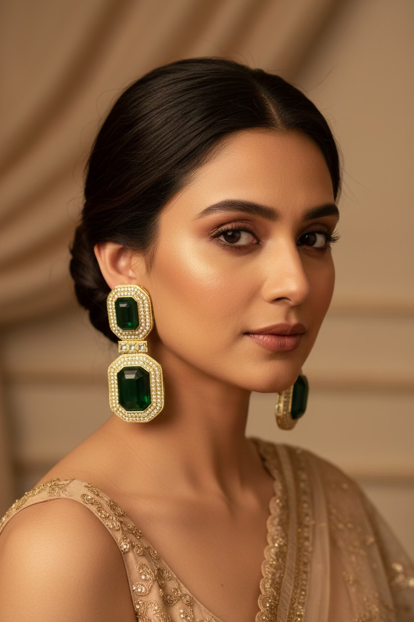 Emerald green polki earrings