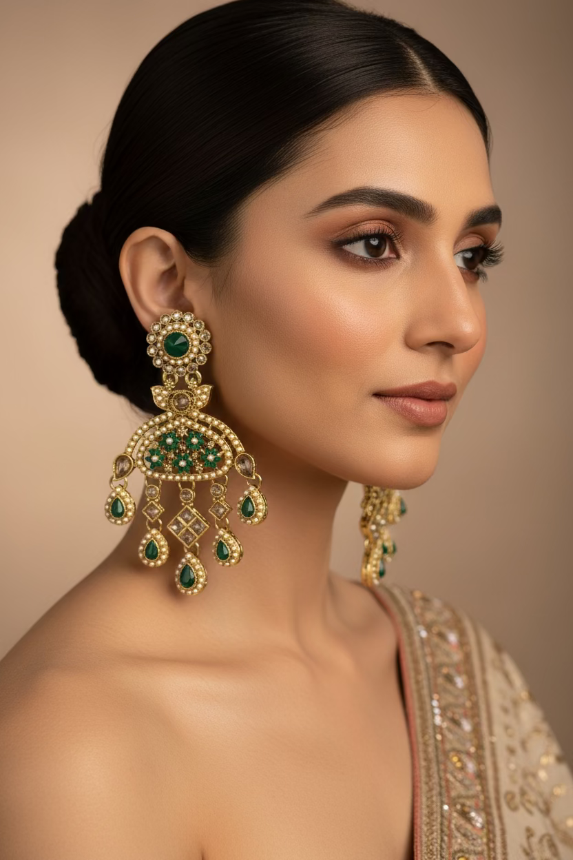 Emerald green polki earrings