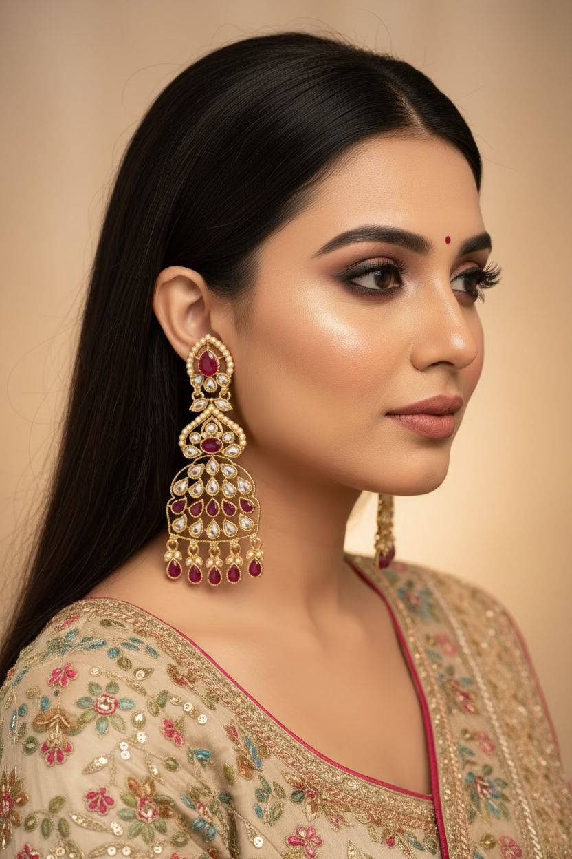 Dark red pink polki earrings