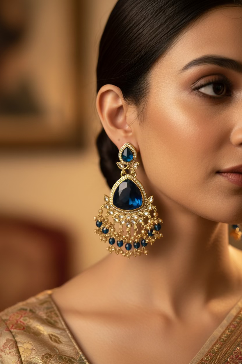 Dark ocean blue polki earrings