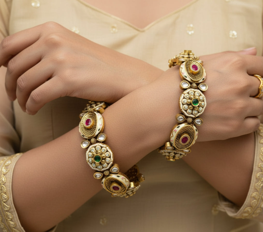 Thakkar  Kundan Bangles with Ruby and Emerald Stones